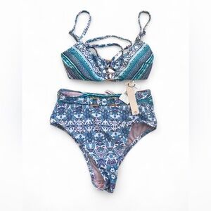 Nanette Lepore 6 Blue Swimsuit Bikini 2 Piece Bralette High Waisted Beach Summer